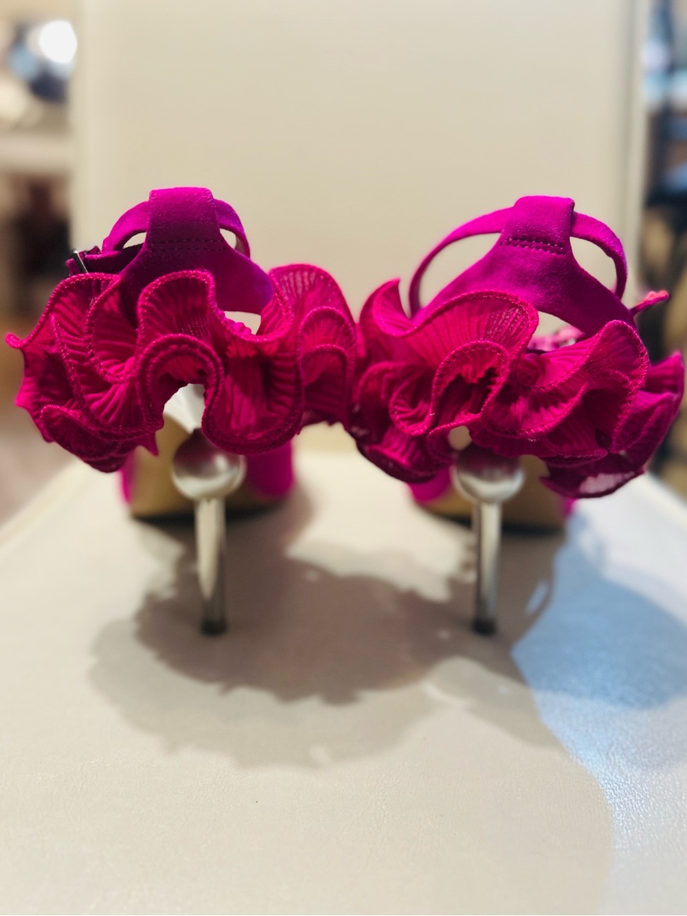 Gianni Bini Hot Pink Faux Suede Ruffle Ankle-Strap Pumps | Size:9.5 - Picture 2 of 5